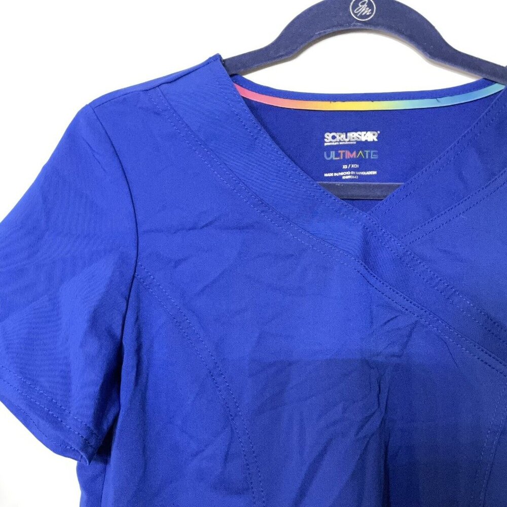 Womens Small Solid Blue Scrub Top Mock Wrap V Neck Premium Ultimate Scrubstar